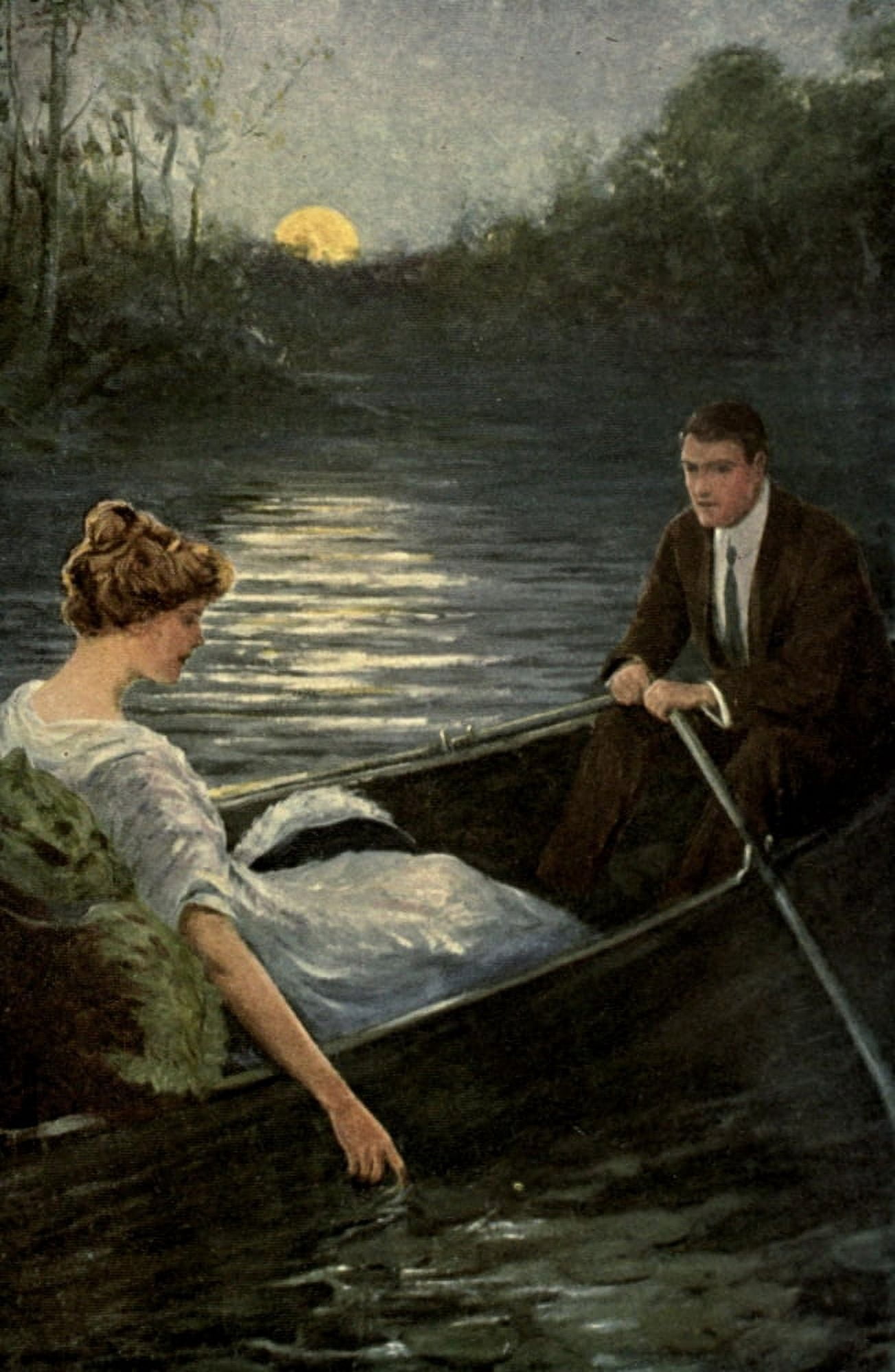 Midsummer Wooing 1913 Moonlit lake Canvas Art - John Goss (18 x 24)
