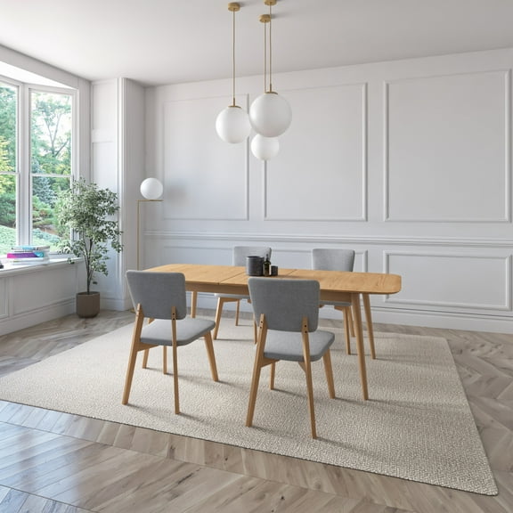 Midtown Concept Belgrade 5-Piece Oak Extendable Dining Set With Upholstered Chairs, Light Grey