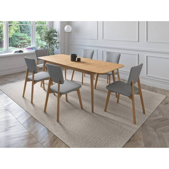 Midtown Concept Belgrade 7-Piece Oak Extendable Dining Set With Upholstered Chairs, Light Grey