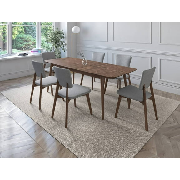 Midtown Concept Belgrade 7-Piece Walnut Extendable Dining Set With Upholstered Chairs, Light Grey