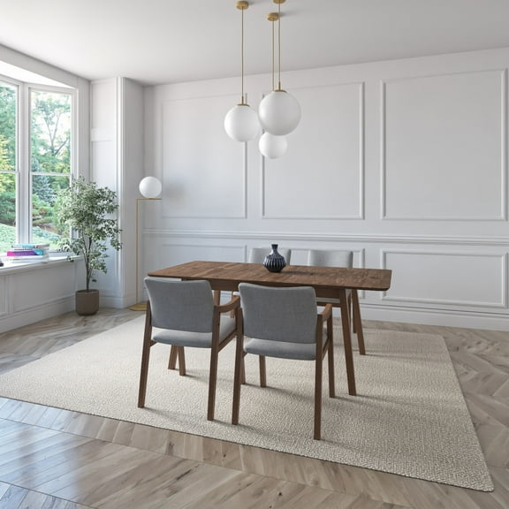 Midtown Concept Eindhoven 5-Piece Walnut Extendable Dining Set With Upholstered Chairs, Light Grey