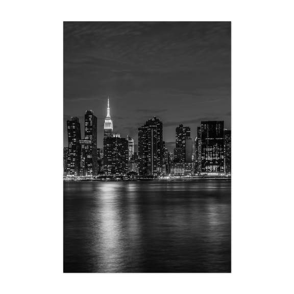 Midtown from LIC B&W - Manhattan New York Photography Black and White Skyline City Architecture Night Sky Travel Poster Unframed Wall Art Print 32 x 48 inches