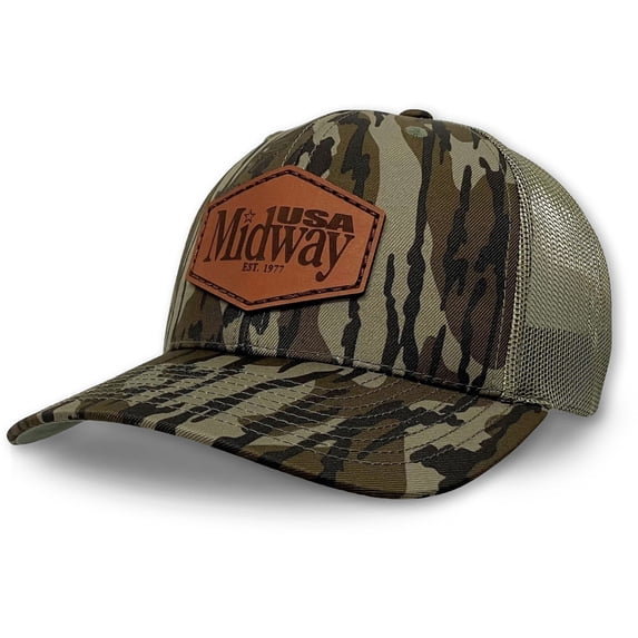MidwayUSA Mens Richardson 112 Leather Patch Camo Trucker Hat Mossy Oak Original Bottomland/Loden