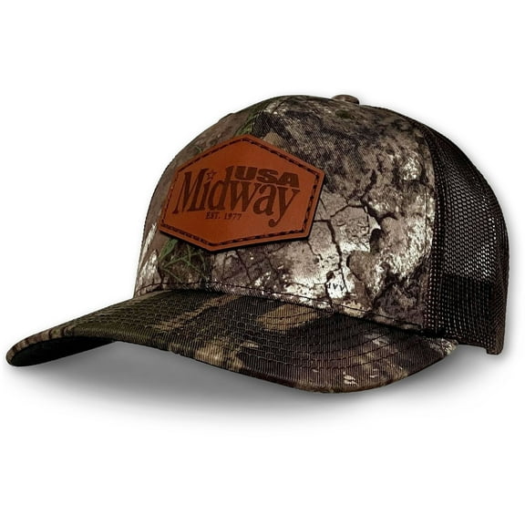 MidwayUSA Mens Richardson 112 Leather Patch Camo Trucker Hat Realtree APX/Brown