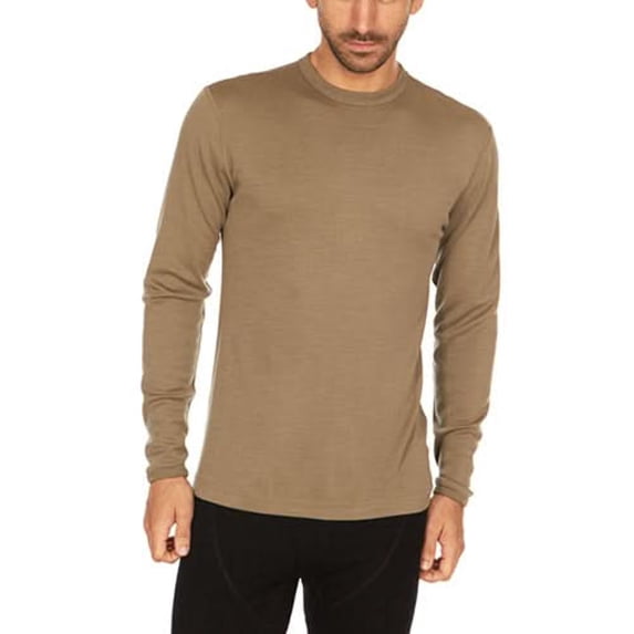 100% Merino Wool - Men's Midweight Long Sleeve Crew Shirt - Thermal Base Layer - NO Itch Renewable Fabric - Tan 499 - Small