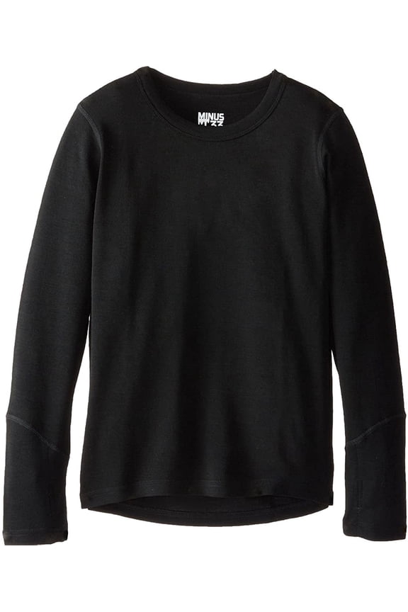 100% Merino Wool Kids Base Layer Midweight Crew Top - Warm Long Sleeve Shirt - Black - X-Small