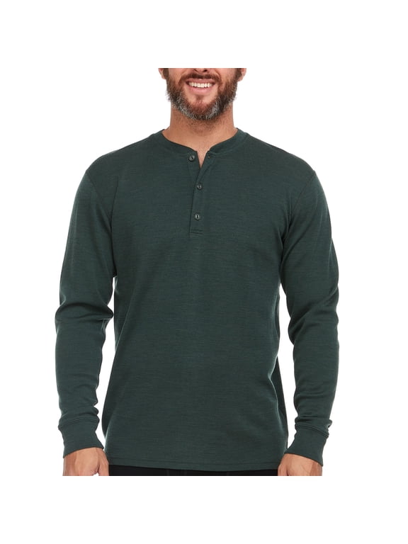 Men's Merino Wool Midweight Long Sleeve Henley -Forest Green - Large