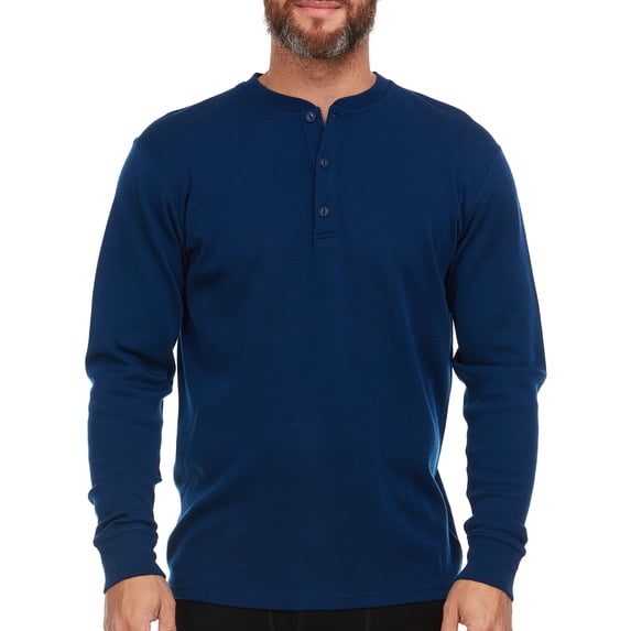 Men's Merino Wool Midweight Long Sleeve Henley - Navy - Large