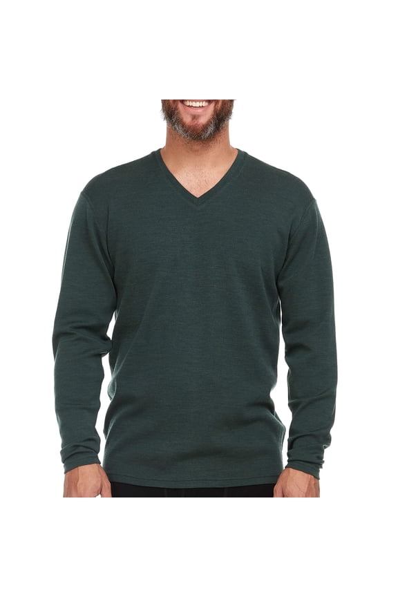 Men's Long Sleeve V-Neck - 100% Merino Wool Base Layer - Casual Shirt - Under Layer - Midlayer - Forest Green - Medium
