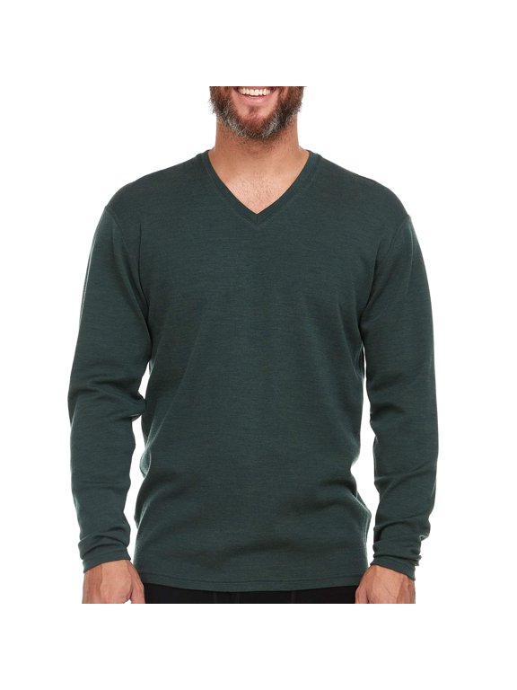 Men's Long Sleeve V-Neck - 100% Merino Wool Base Layer - Casual Shirt - Under Layer - Midlayer - Forest Green - Medium