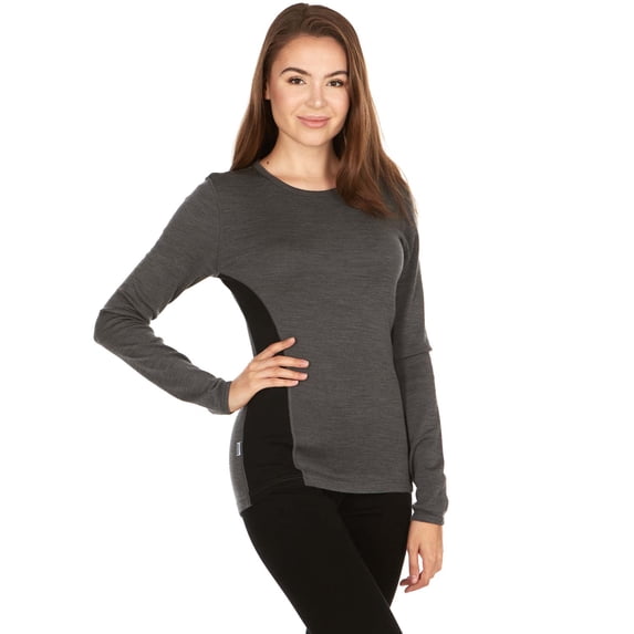 100% Merino Wool - Women's Midweight Base Layer - Long Sleeve Crew - Charcoal Gray Black - Large