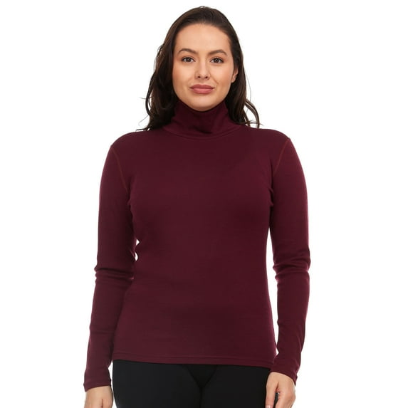 100% Merino Wool Womens Long Sleeve Midweight Turtleneck - Warm Sweater - Fold-over Turtleneck - Burgundy - Medium