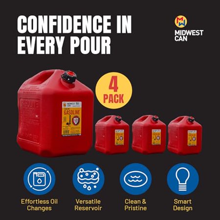Midwest Can 5610 Safe-Flo Auto Shut Off 5 Gallon Gas Can – Durable Fuel Containers with FlameShield Safety System & Quick-Flow Spout - Red - 1 Pack
