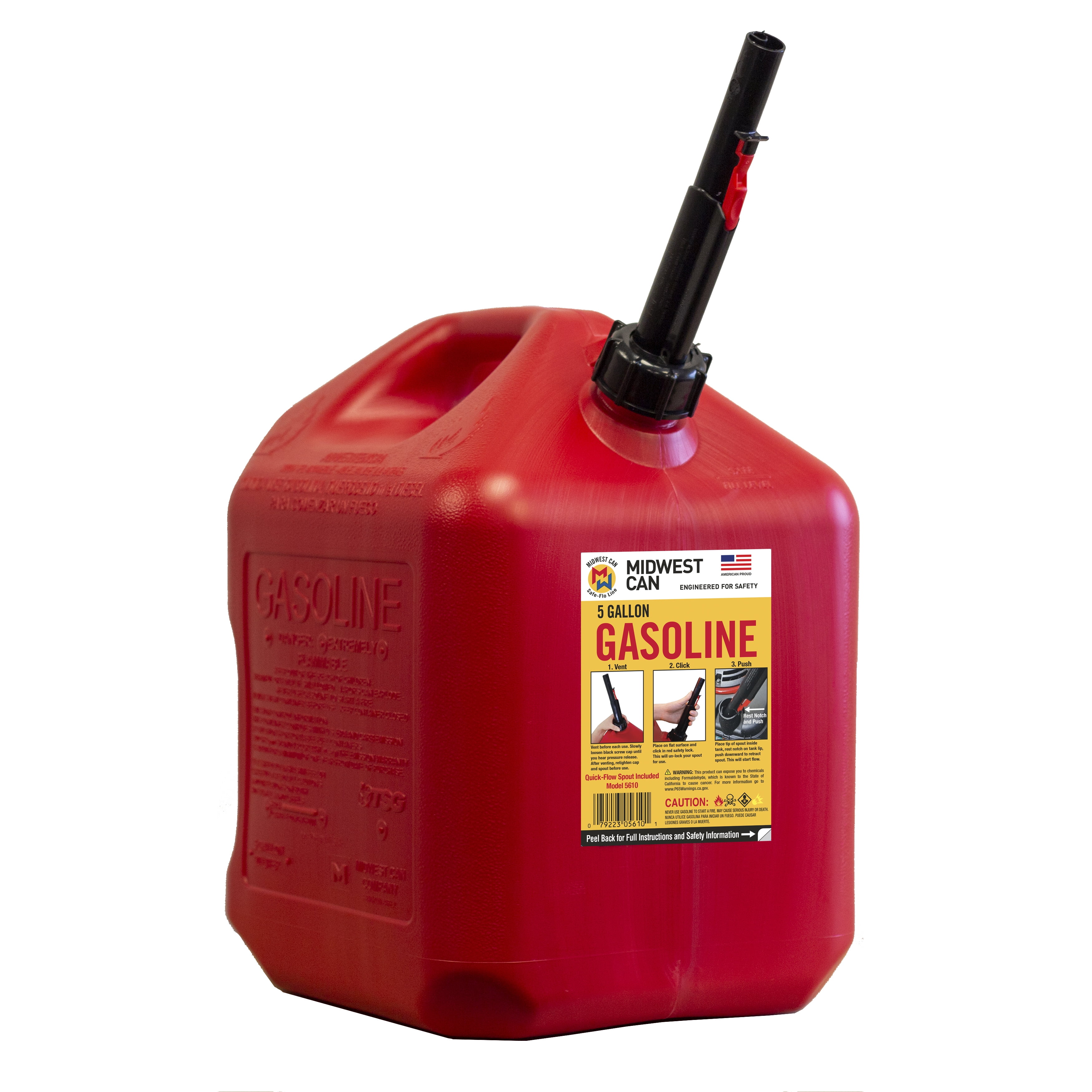 Midwest Can Company, 5610-4, 5 Gallon Gasoline Can with Flame Mitigation Device, Red