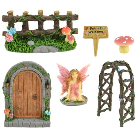 Midwest Design Imports, Inc. Miniature 6 pc Fairy Garden Kit - Door, Fairy, Sign, Arbor, Fence, and Mushroom