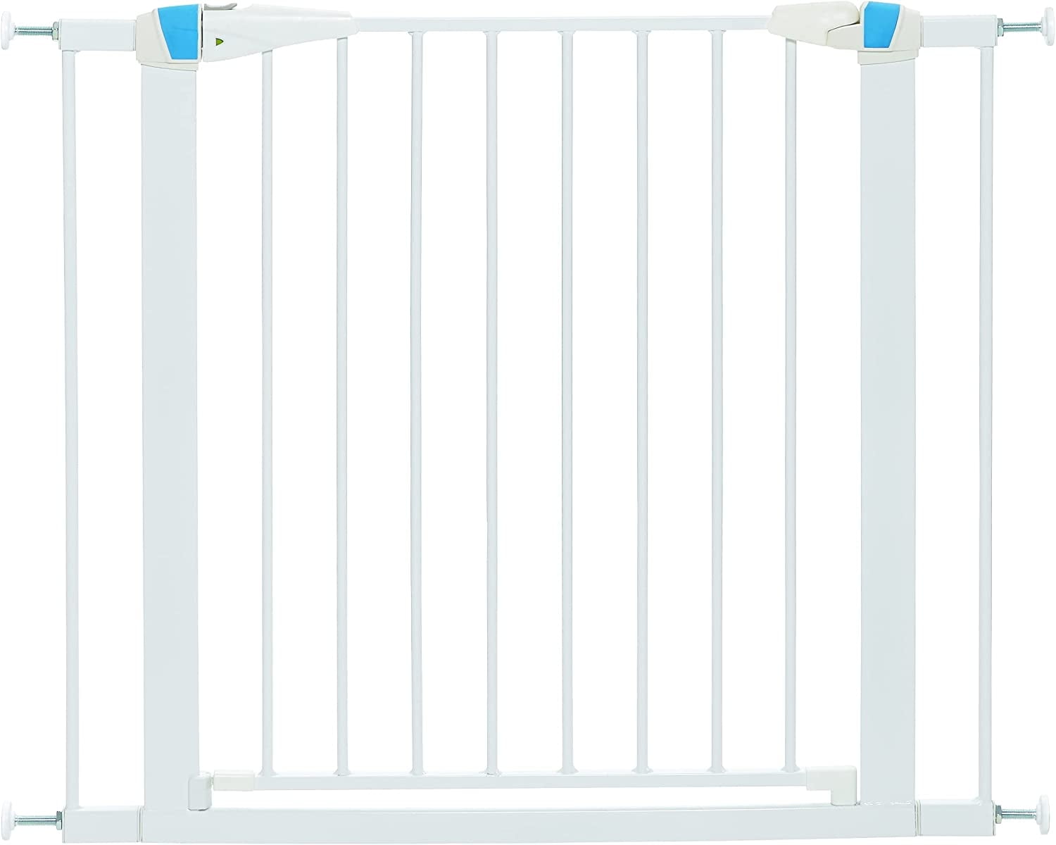MidWest Homes for Pets 29 Inches Tall Walk-Though Steel Pet Gate, Pressure Mounted Dog Gate with Glow Strip Measures 29H x 29.5-38W Inches & Includes Two 3-Inch-Wide Extensions, White