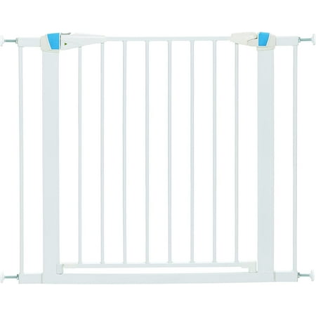 MidWest Homes for Pets 29 Inches Tall Walk-Though Steel Pet Gate, Pressure Mounted Dog Gate with Glow Strip Measures 29H x 29.5-38W Inches & Includes Two 3-Inch-Wide Extensions, White