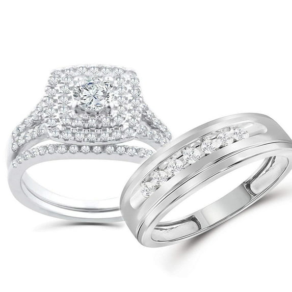 Midwest Jewellery 10K White Gold Trio Set His and Her Rings 1.25ctw Cushion Halo Style 3pc Set (i2/i3, I/j)