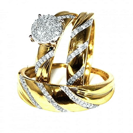 Midwest Jewellery His and Her Wedding Ring Set Trio 10K Yellow Gold 0.3cttw Diamonds (0.3cttw)
