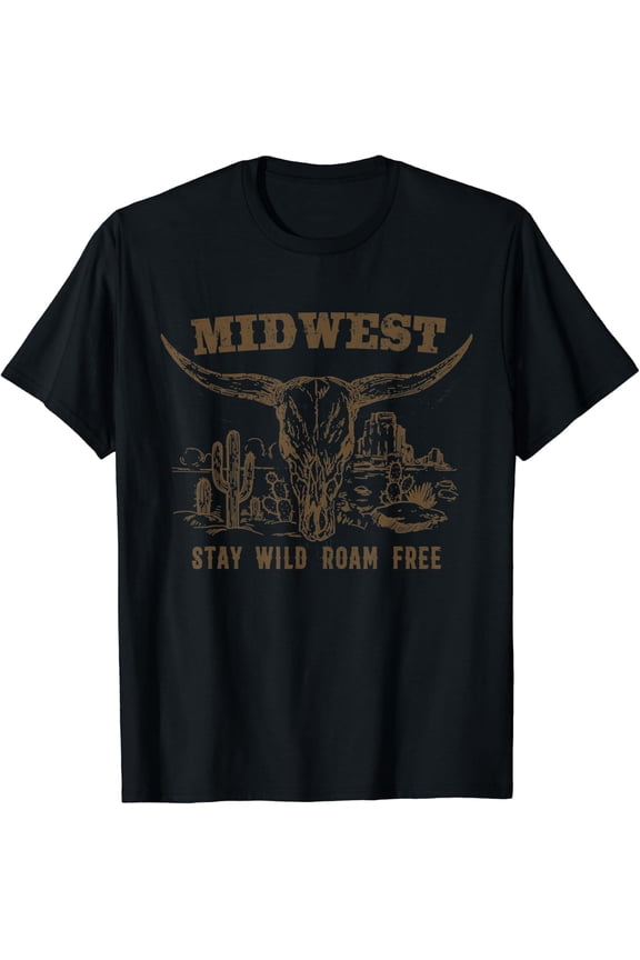 Midwest Stay Wild Roam Free Skull Cow T-Shirt Size S-5XL