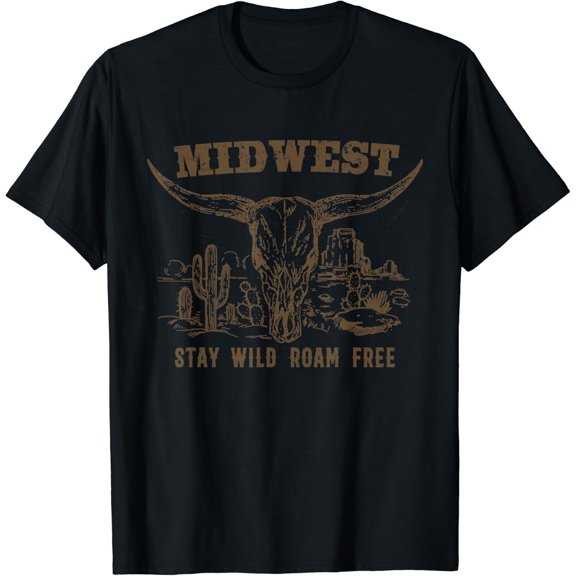 Midwest Stay Wild Roam Free Skull Cow T-Shirt Size S-5XL