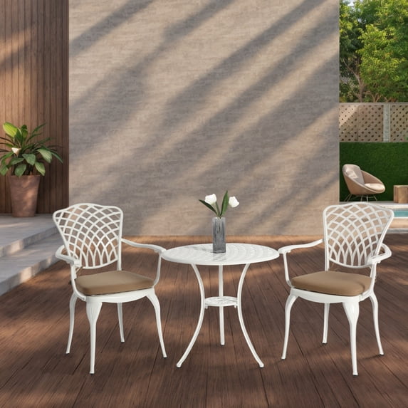 Miekor 3 Piece Patio Bistro Set Cast Aluminum Bistro Table and Chairs Set of 2 with Umbrella Hole,All Weather Metal Bistro Table Set,Outdoor Patio Furniture Set for Garden with cushion White 36371