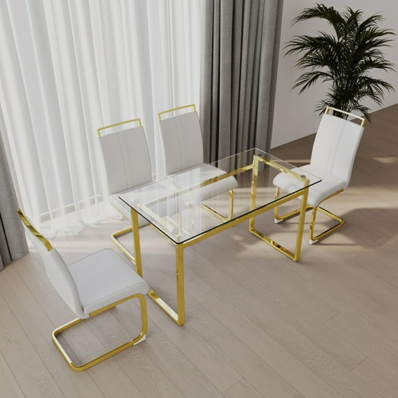 Miekor 51 inch Glass Dining Table Set for 4, Dining Table & Chair Sets with Golden Plating Legs for Kitchen, Modern Rectangle Tempered Glass Table Top and PU Dining armless Chair BS0193