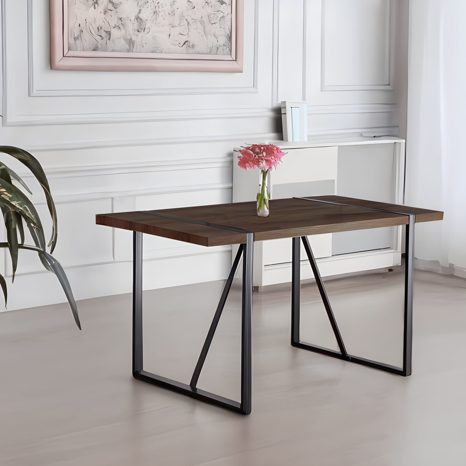 Walnut Brown Rectangular MDF Dining Table with Black Metal Legs