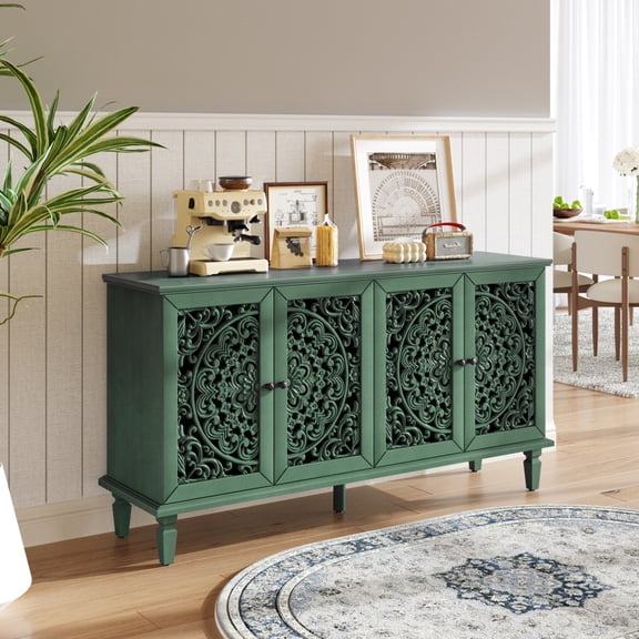 Miekor 60" Antique Buffet Cabinet with Floral Carvings with Solid Wood Legs&Antique Brass Handles&Adjustable Shelves, TV Stand for 65"+ TV, Sideboard for Living Room,Dining Room(Antique Green) No0739