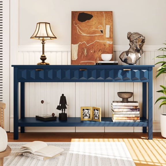 Miekor 60" Fir Veneer Entryway Table with Honeycomb-patterned Fronts,Modern Stylish Console Table with 3 Drawers and Solid Fir legs,Suitable for Living Room,Entryway, Hallway, Study, Foyer No9951