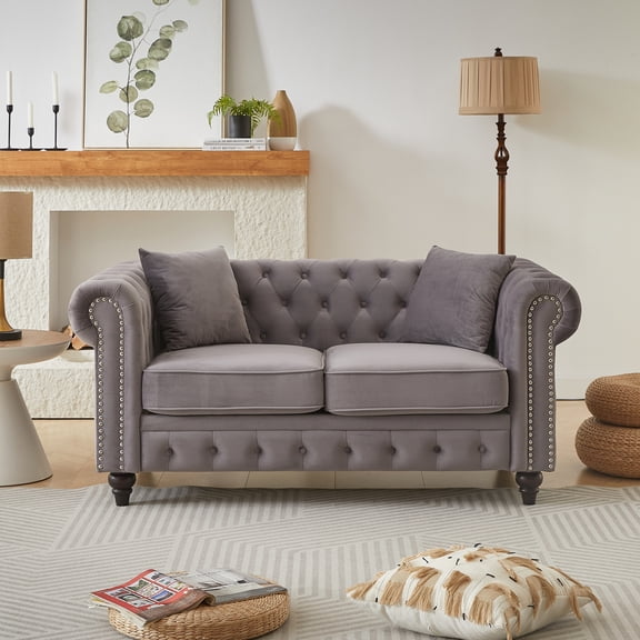 Miekor 63.5" modern design chesterfield sofa, velvet sofa button design living room sectional sofa, button tufted with nail design arms with 2 pillows, upholstered fabric and wood legs MK3722