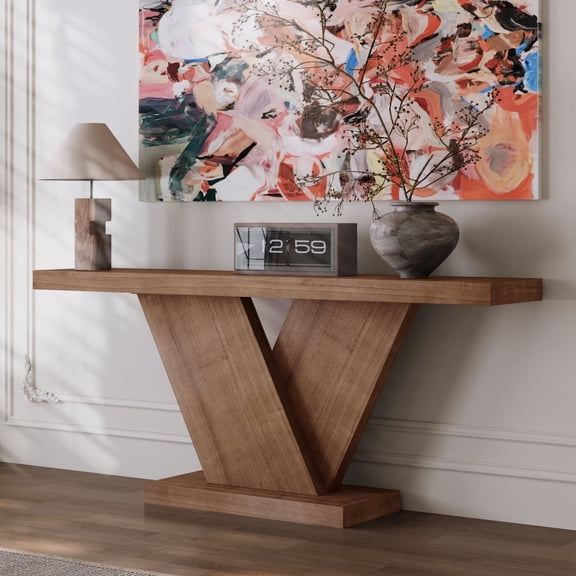 Miekor 66" L Modern X-Leg Console Table with Solid Wood Veneer, Sturdy Entryway Hallway Table for Small Space, Mid-Century Narrow Sofa Table with Geometric Design & Wide Top, Walnut No.4837