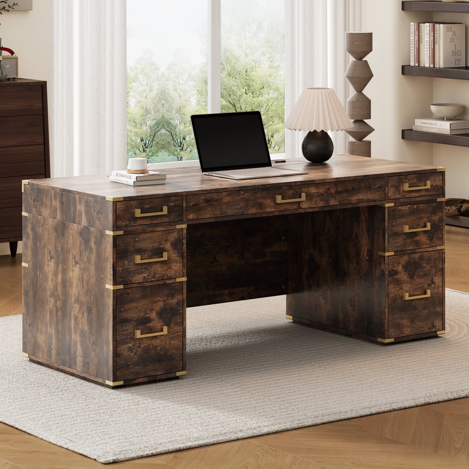 Miekor 70"Classic and Traditional Executive Desk with Metal Edge Trim ,Writing Desk with 2 file