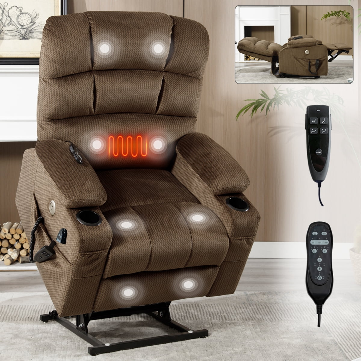 Dual Motor Infinite Position Up to 350 LBS Leatherair Power Lift Recliner Chair, Heavy Duty Motion Mechanism with 8-Point Vibration Massage and Lumbar Heating,Khaki main image 1