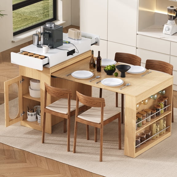 Miekor Extendable Dining Table with Folding Tabletop, Bar Table with Drawers and Power Outlet, Kitchen Island with Wheels and Hooks, Sideboard for Dining Room (Natural+Creamy White) No6606