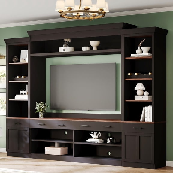 Miekor Farmhouse 4-Piece Entertainment Center with Bookshelf for TVs Up to 70", Walnut TV Stand with Adjustable Shelves, Mid-Century Media Console with Wine Rack for Living Room, Black No5378