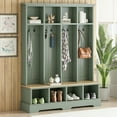 thumbnail image 1 of Miekor Farmhouse 59" W Wide Hall Tree with 8 Hooks, Practical Entryway Bench with Open Compartments, 76.7" H Modern 3-in-1 Wooden Style Coat and Shoe Rack for Mudroom, Living Room, Green MK7951, 1 of 12