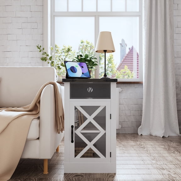 Miekor Farmhouse End Table with Charging Station, 15.4'' Rustic Nightstand with Barn Door & Adjustable Shelf, Wooden Sofa Side Table with 3-Tier Storage for Living Room, Bedroom, White No.1561