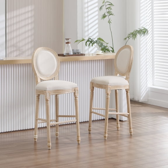 Miekor French Country 30" Height Bar Chairs Set of 2, Upholstered Chairs with Round Back, Wire drawing and carving techniques ,Disassemblable , for Living Room, Kitchen , Restaurant Use, Beige MK5118