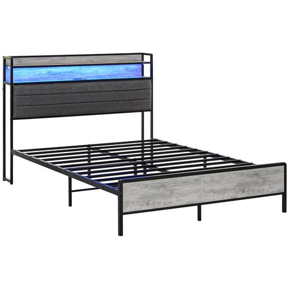 Miekor Full Size Bed Frame with Storage Headboard, Upholstered Platform Bed Frame with LED Lights, Charging Station, Steel Slats, Noise-Free & Easy Assembly, No Box Spring Needed, Cement Gray 9915