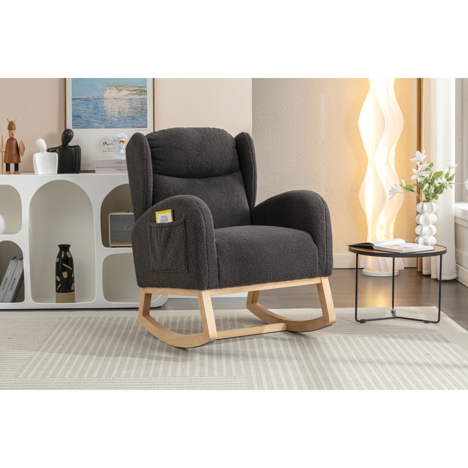 Miekor Furniture 049-Teddy Fabric Rocking Chair With Packet Wood Legs,Dark Gray BS2951