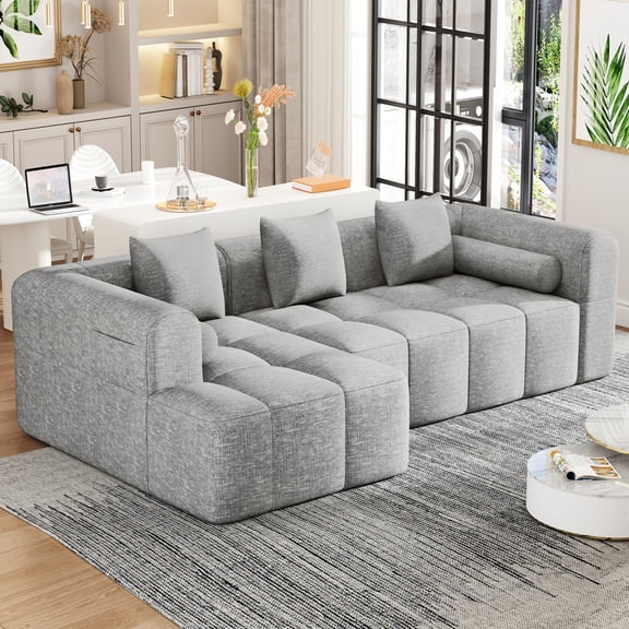 Miekor Furniture 101.2" Sectional Sofa Full-Compressed Sofa Modular Sofa Couch Free-combined Sofa with Deep Seating and Two Side Pockets for Living Room, Light Grey No.4327