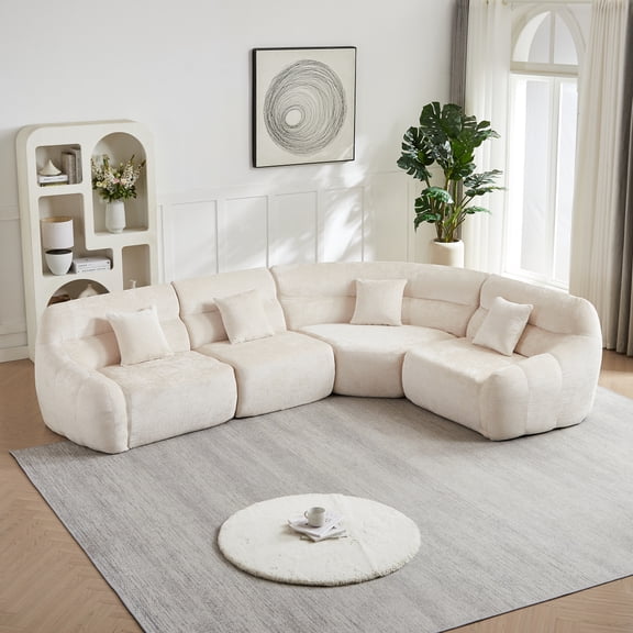Miekor Furniture 123.2 -inch Modern Luxury Curved Corner Sectional Sofa, Chenille Modular Cloud Sofa, Four Pillows, High-Back Oversized Four-Seater Living Room Sofa,No Assembly Required,beige No2519