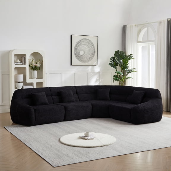 Miekor Furniture 123.2-inch Modern Luxury Curved Corner Sectional Sofa, Chenille Modular Cloud Sofa, Four Pillows, High-Back Oversized Four-Seater Living Room Sofa,No Assembly Required,black No.6712