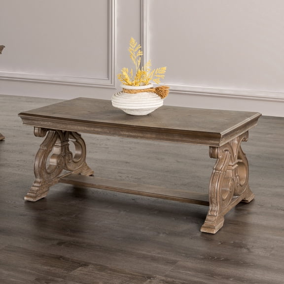 Miekor Furniture 1pc Coffee Table Traditional Style Curved Scroll Legs Carved Design Weather Oak Finish No6114