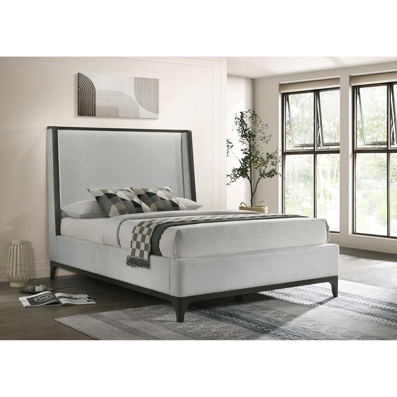 Miekor Furniture 1pc Eastern King Size Upholstered Wing back Design Bed Gray Wooden Trim Premium Fabric Bedroom Furniture No.4257