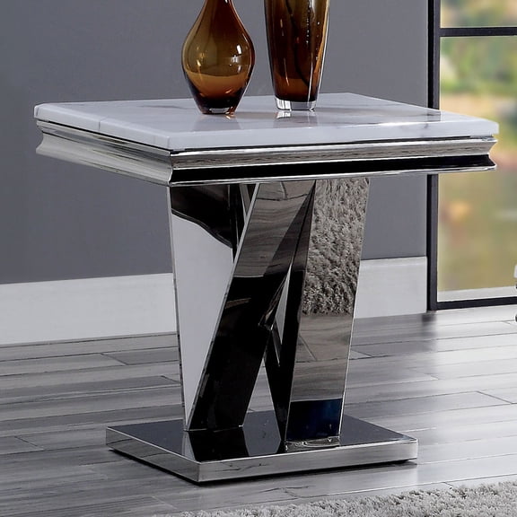 Miekor Furniture 1pc End Table Modern Glam Style 18mm Faux Marble On Top Rectangular V-Shape Pedestal Base Stainless Steel Metal Structure Chroma Finish Coffee Table-Not Included MK0876