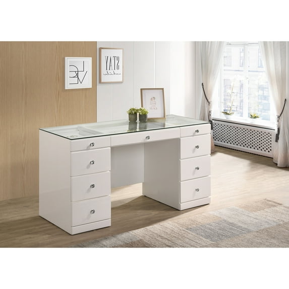 Miekor Furniture 1pc Glam Makeup Vanity Table Glass Top 9 Drawers Knobs White Wooden Bedroom Furniture 25443