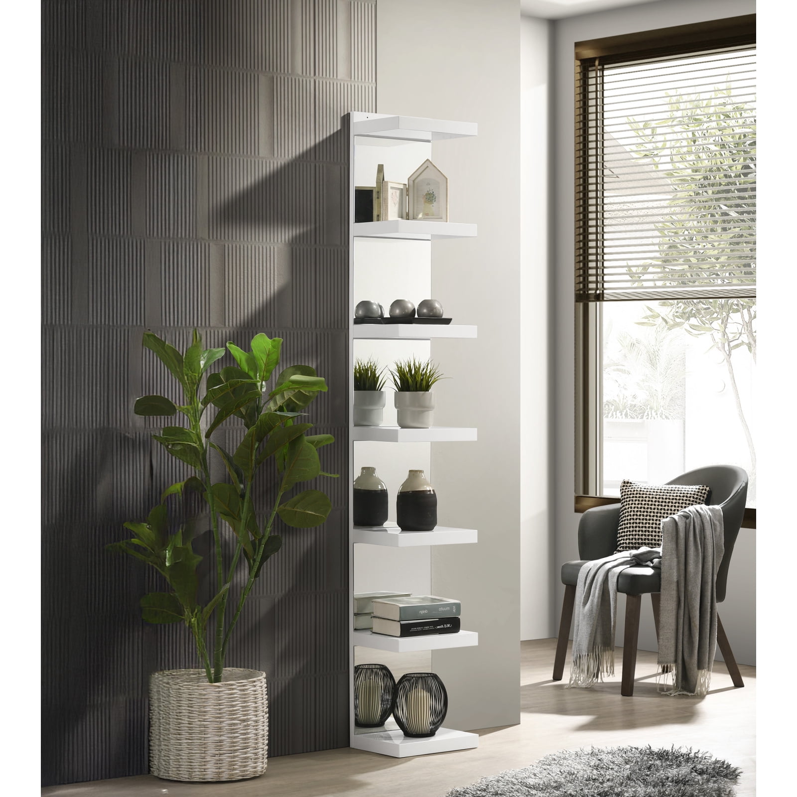 Miekor Furniture 1pc Glam White Open Shelving Rack with Mirrored Back Living Room Wooden Furniture 33966