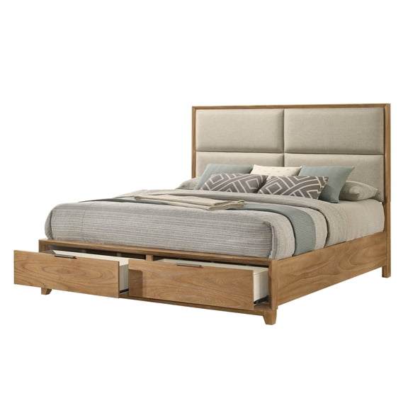 Miekor Furniture 1pc King Storage Platform Bed Upholstered Ultra-plush Headboard Two Footboard Storage Drawers Solid Wood Natural Wood Finish Wooden Bedroom Furniture No.4009